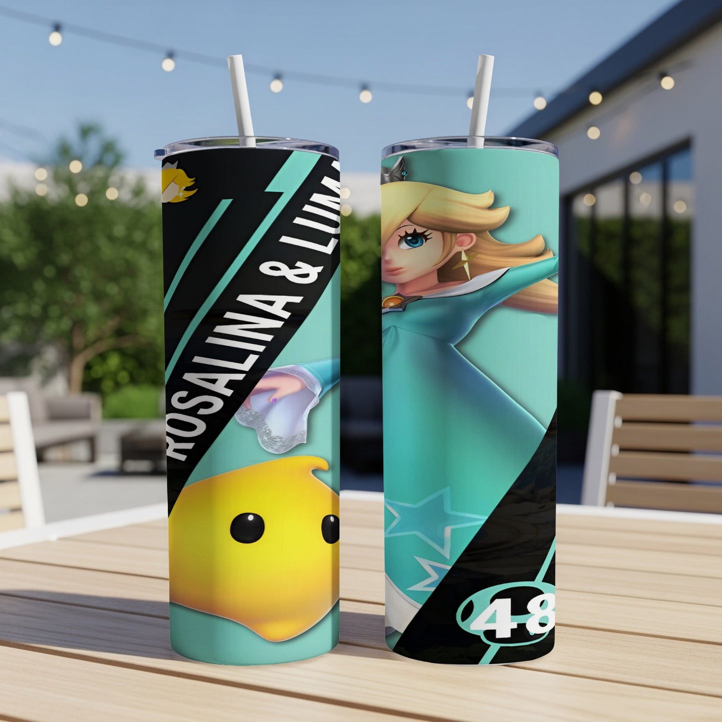Rosalina & Luma graphic on teal and black tumbler, with white number 48.