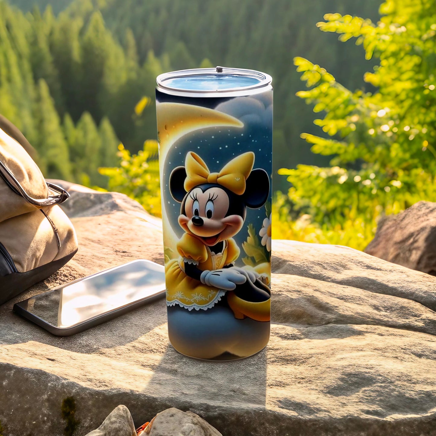 Minnie Mouse on a moonlit night, yellow bow and dress, sitting on a tumbler.
