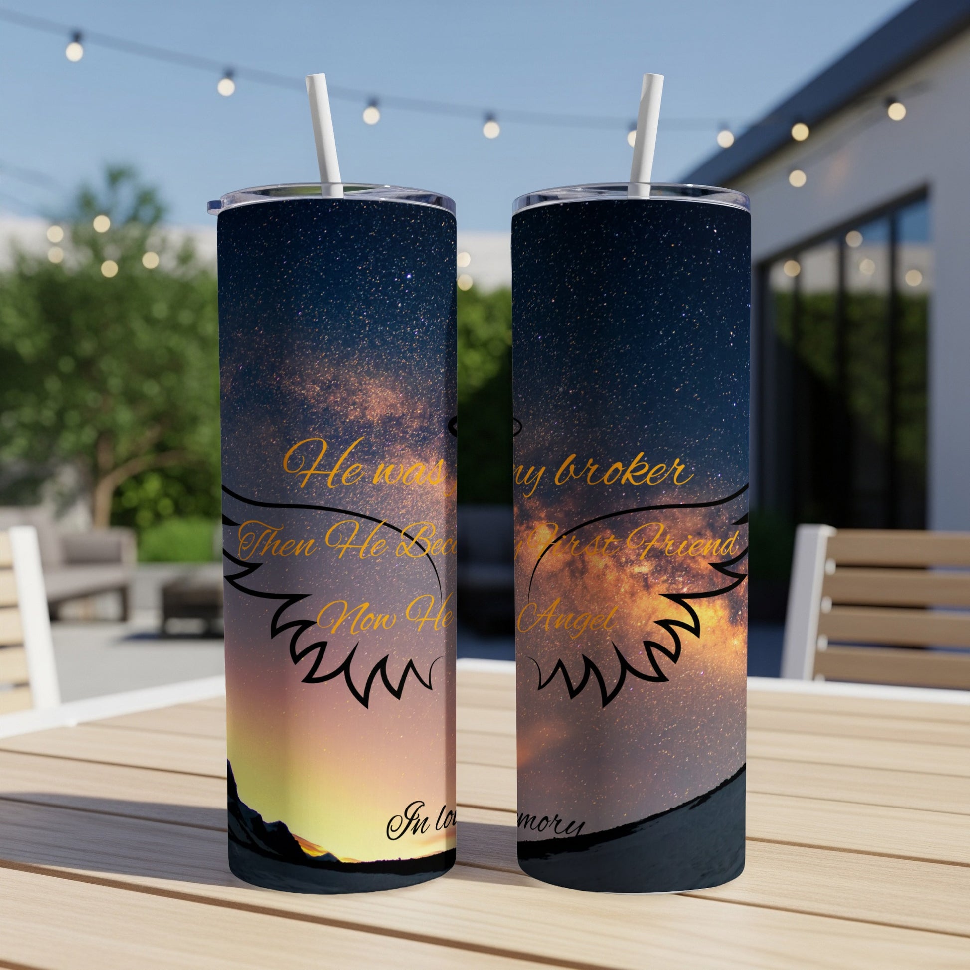 Two tumblers with a starry sky and wing design, featuring text about a loved one.
