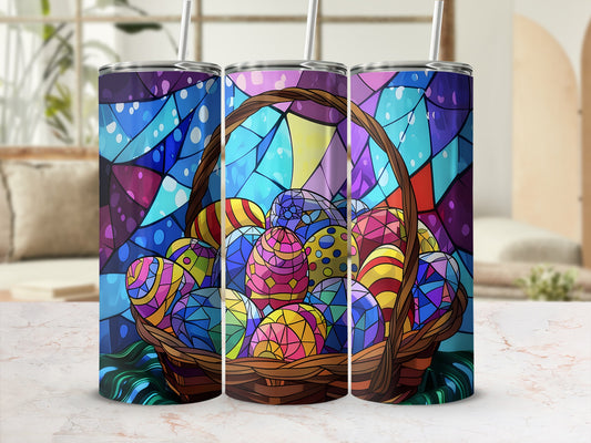 Easter basket filled with colorful stained-glass style eggs, with straws.