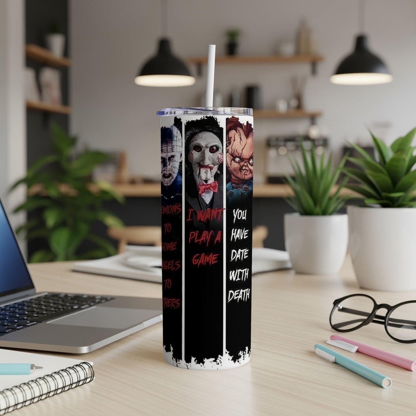 Tumbler with horror characters and "I want you to play a game" text.