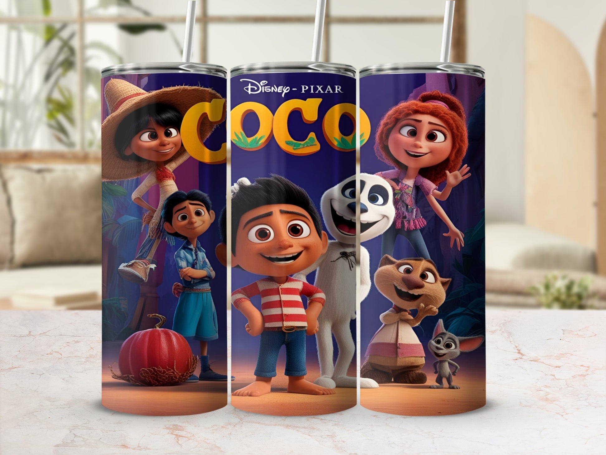 Disney Coco movie characters Miguel, Hector, Mamá Coco, and Dante on a tumbler.