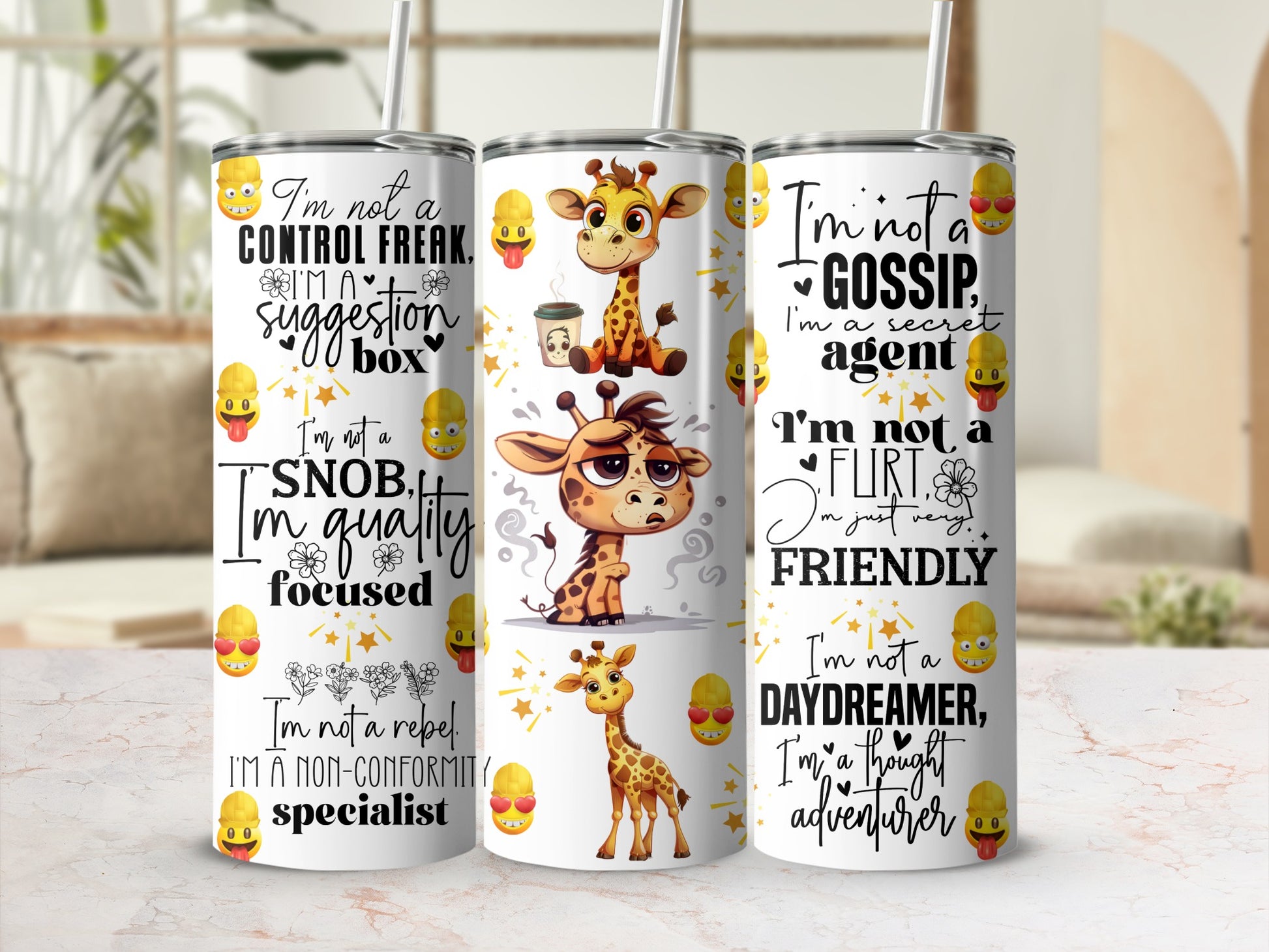 Funny Giraffe Sayings Affirmations Tumbler product type
Giraffe Tumbler
Funny Quotes
Cute Giraffe
Affirmation Cup
Sassy Sayings
Cartoon Giraffe
Unique Tumbler
Drinkware Gift
Insulated Cup
Travel Tumbler
Coffee Lover
Water Bottle
Animal Theme
Whimsical Art
Daily Motivation
Character Design
Humorous Gift
Trendy Tumbler
Personalized Tumbler
Best Friend Gift