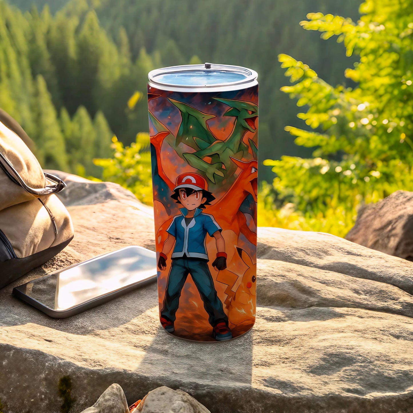 Ash Ketchum with Pikachu and Charizard tumbler