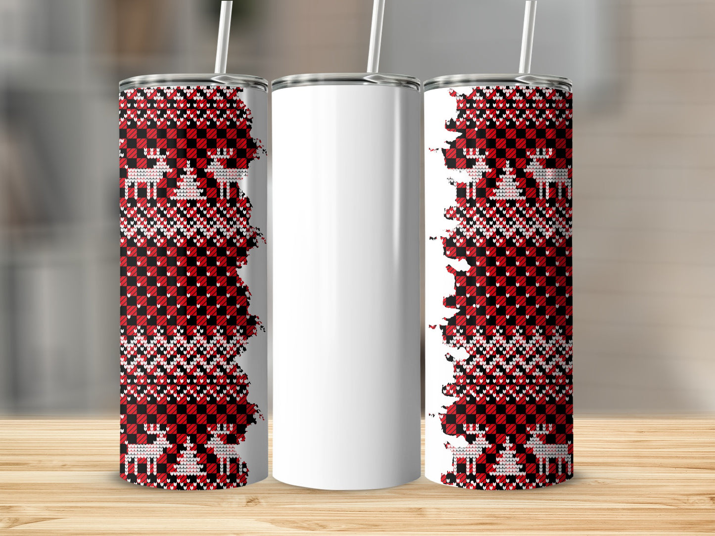 Red and Black Plaid with Reindeer Pattern Tumbler Cup