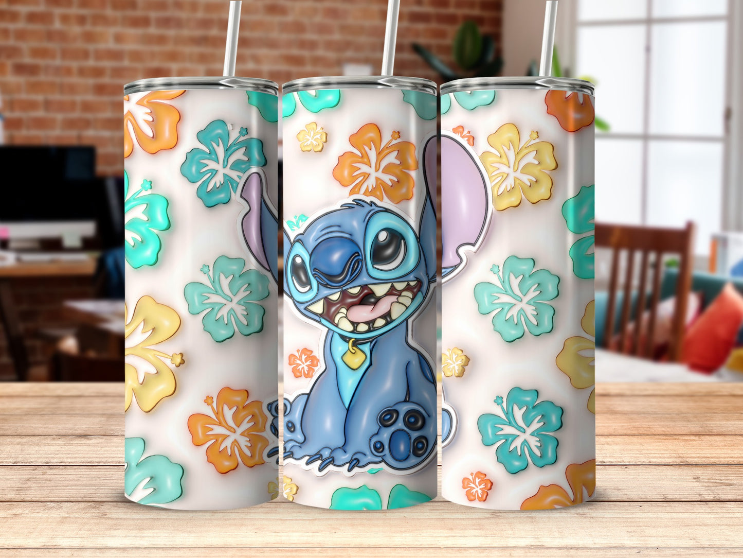 Colorful Floral Pattern with Cute Blue Character Tumbler