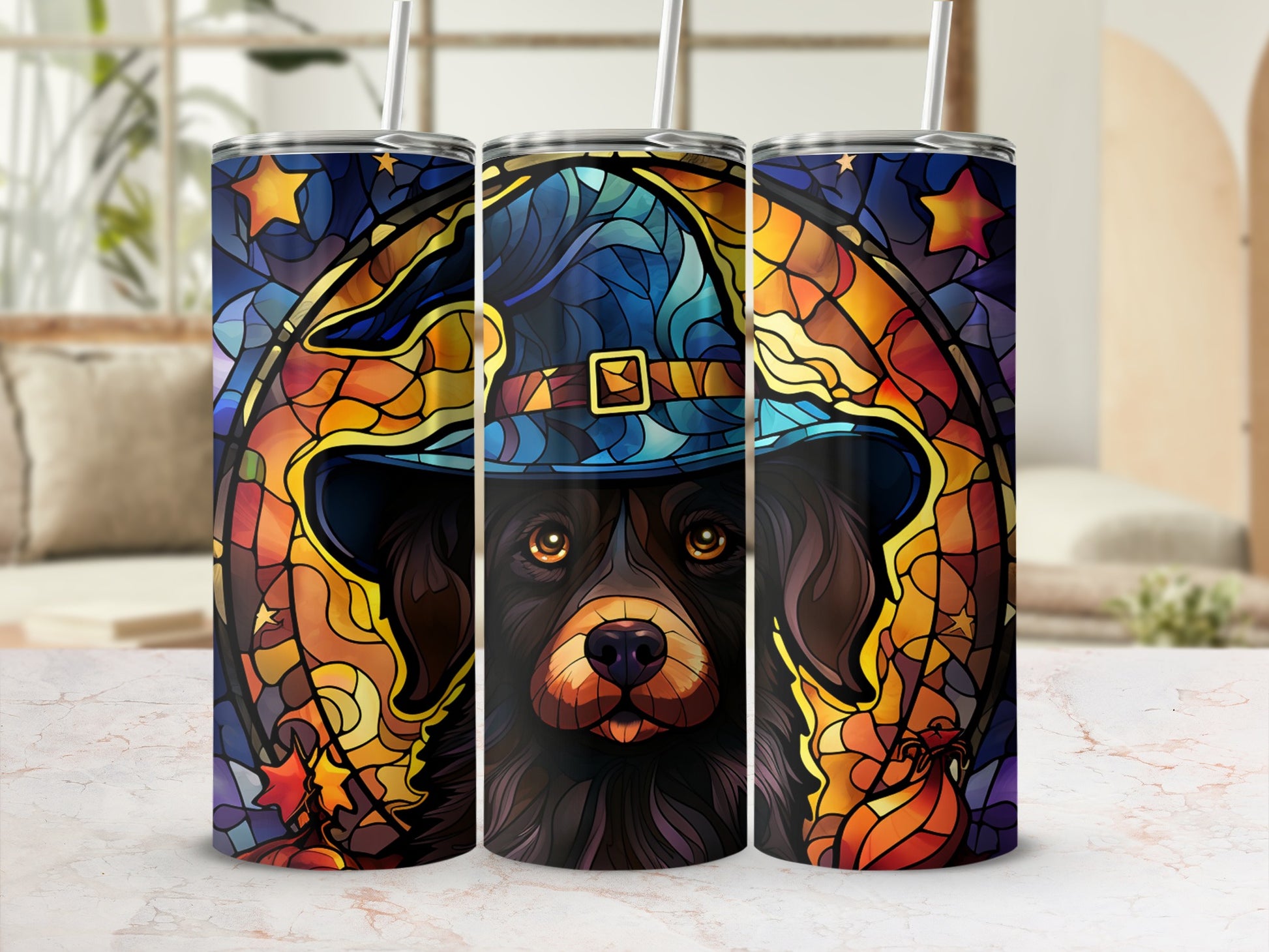 Black dog wearing a wizard hat, surrounded by stars and stained glass.