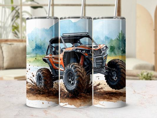 Orange off-road vehicle splashing mud, three rendered images of tumbler.