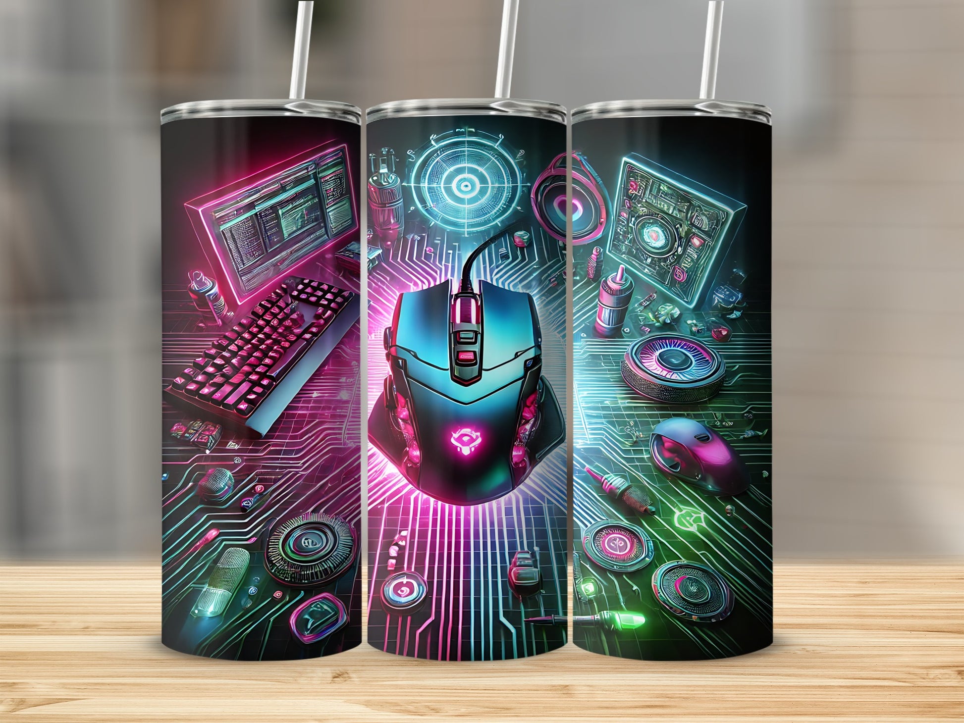 Neon Cyber Gaming Themed Tumbler for Tech Enthusiasts