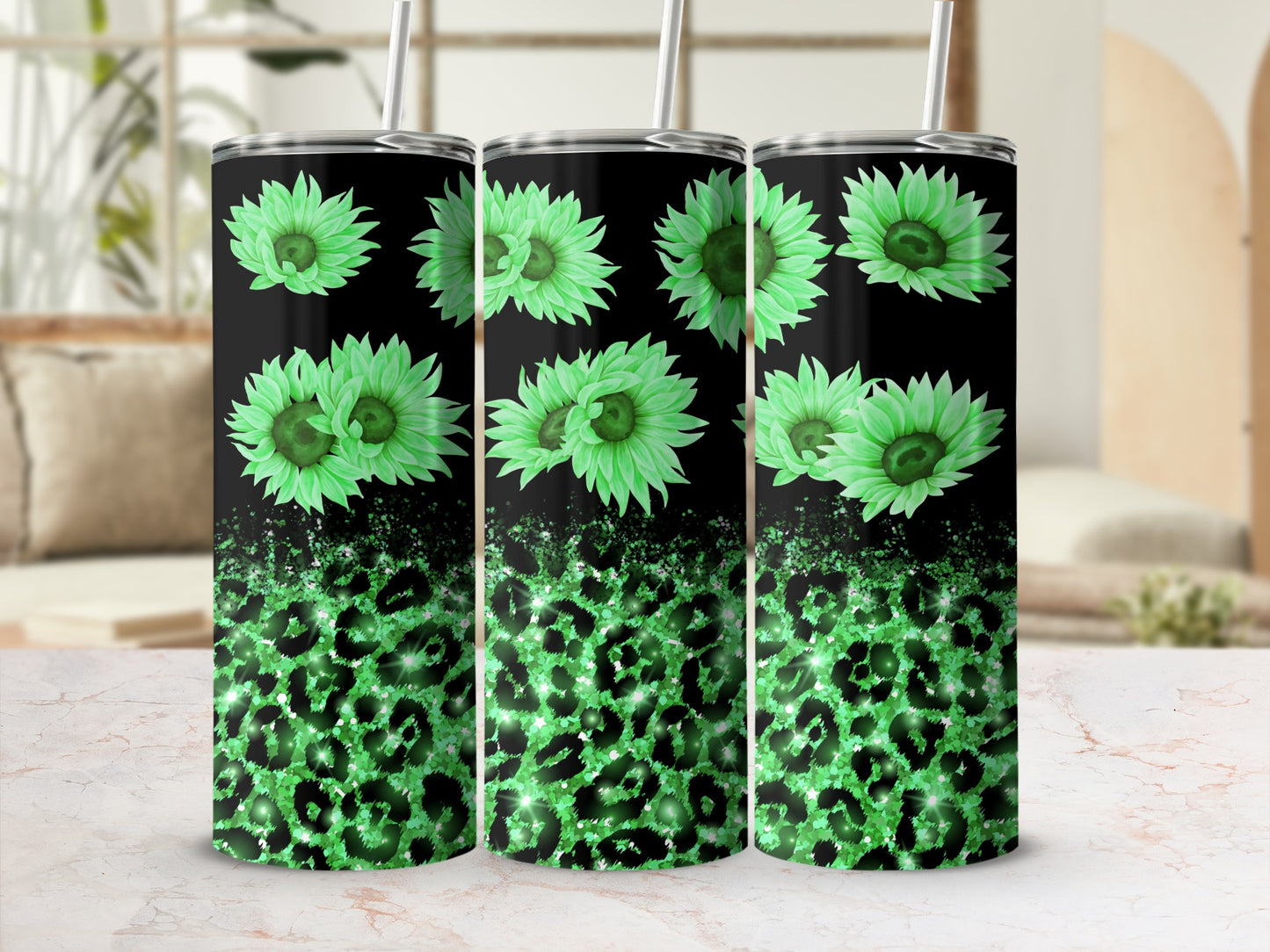 Green sunflowers and leopard print pattern on black skinny tumbler.