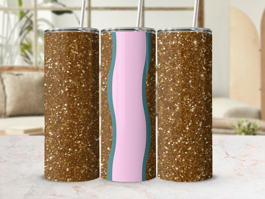 Glittery brown tumbler with wavy pink and blue design.