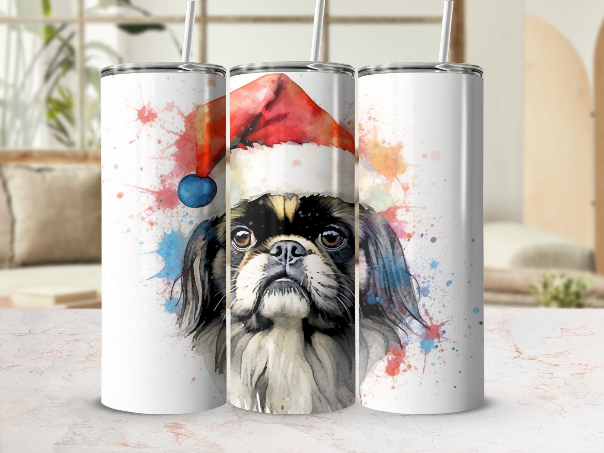 Watercolor painting of a Pekingese dog wearing a Santa hat.