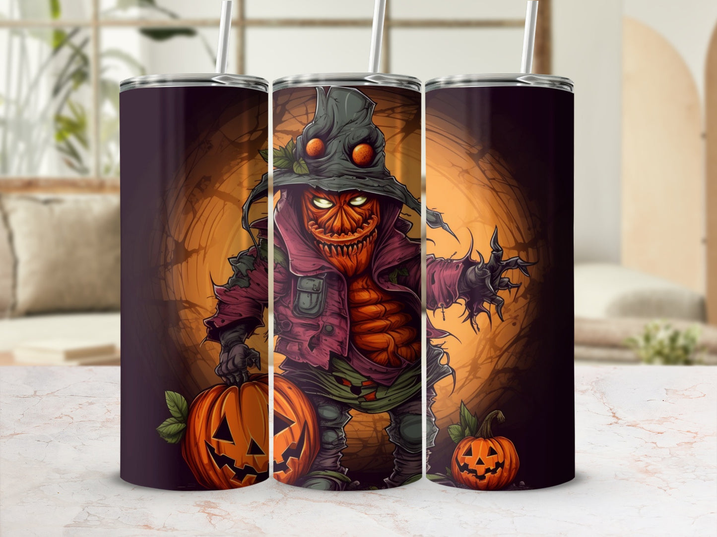 Three tumblers featuring a spooky pumpkin scarecrow and jack-o'-lanterns on a dark background.
