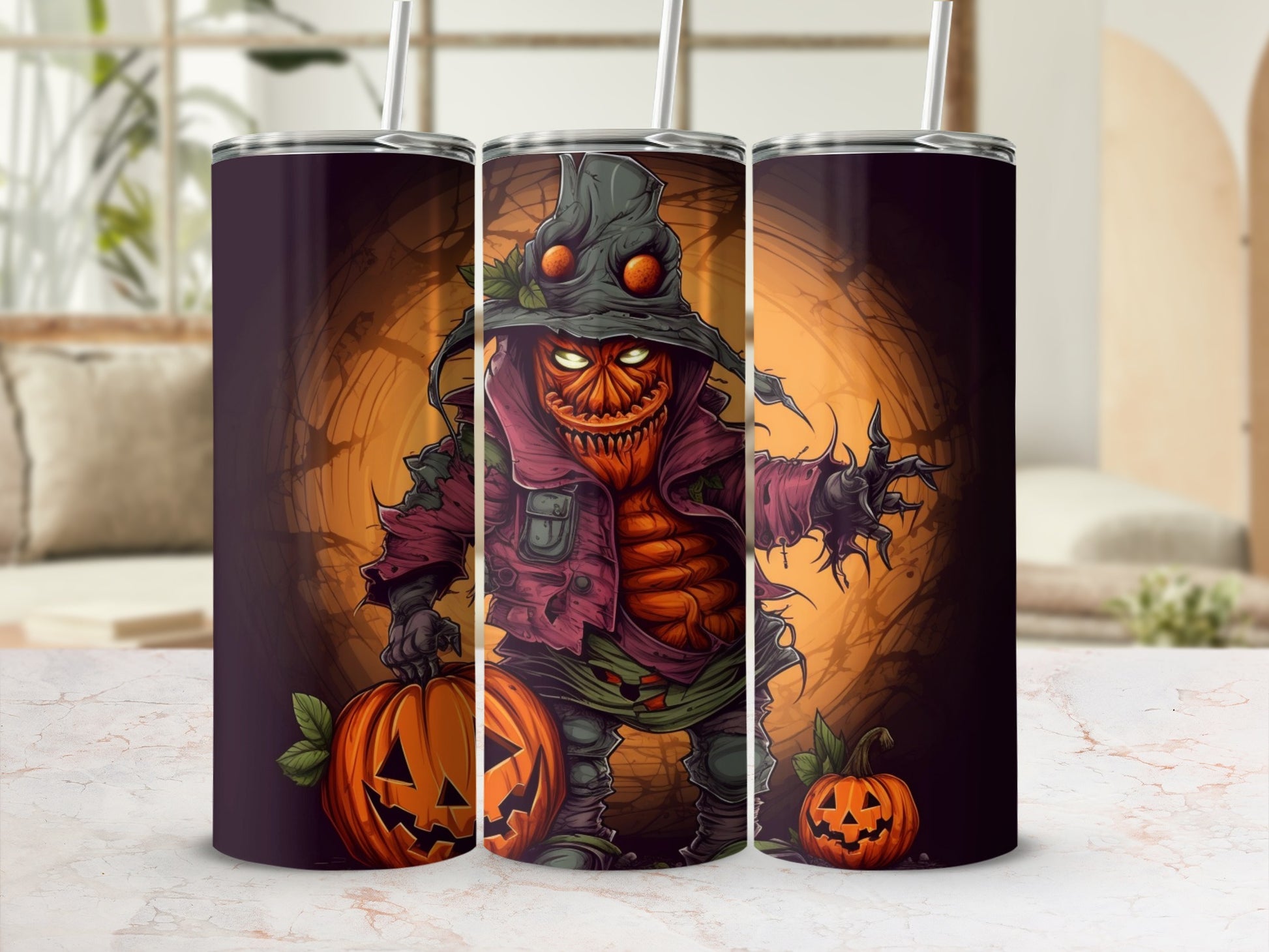 Three tumblers featuring a spooky pumpkin scarecrow and jack-o'-lanterns on a dark background.