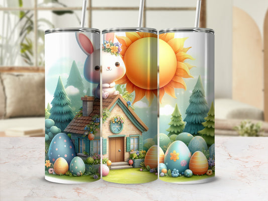 Easter bunny on house roof with colorful eggs and sun graphic.