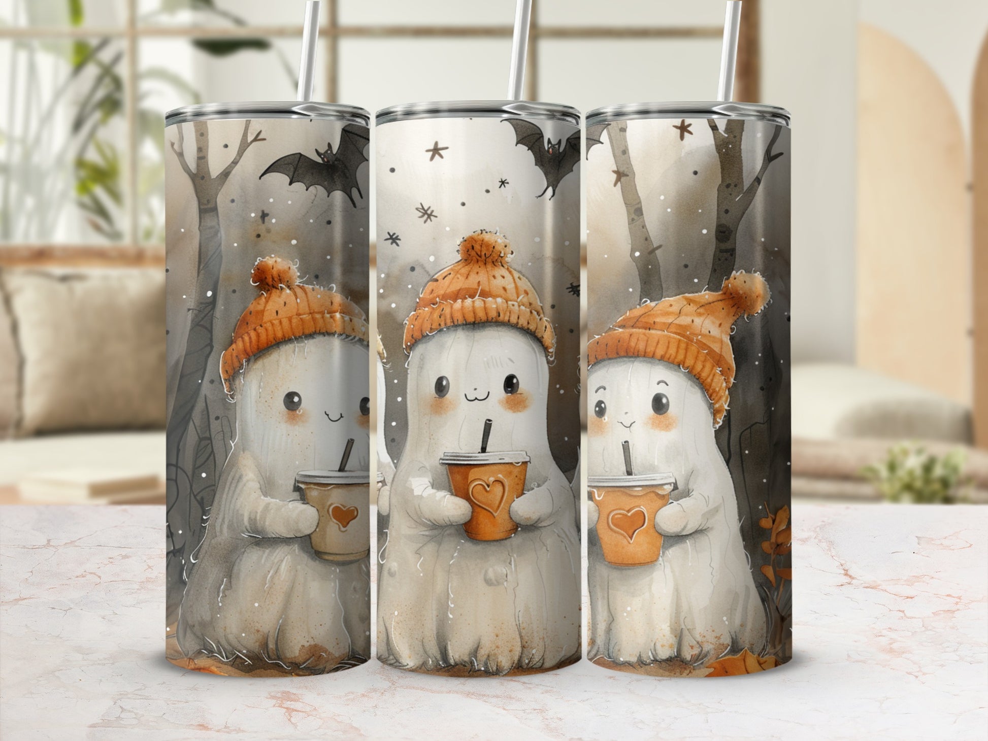 Three tumblers with watercolor ghosts wearing orange hats and holding coffee cups.