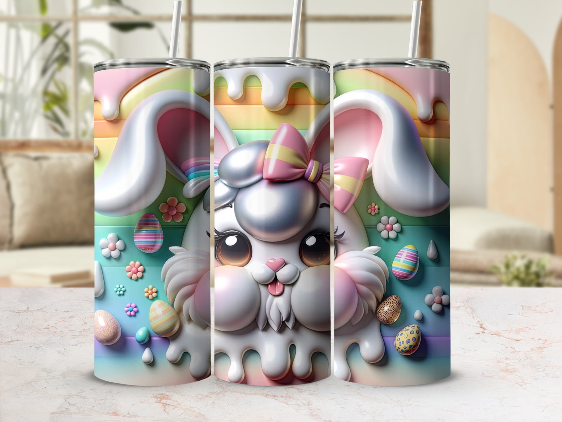 Easter bunny tumbler with pastel rainbow drip and candy eggs.