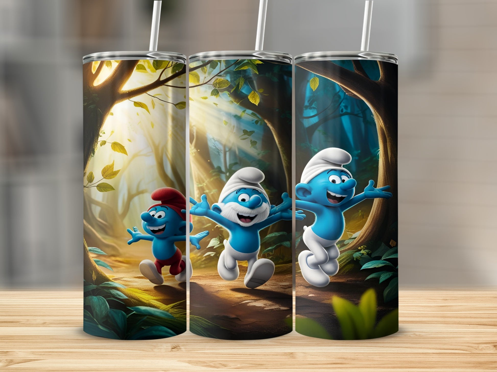 Three Smurfs running through a sunlit forest path.