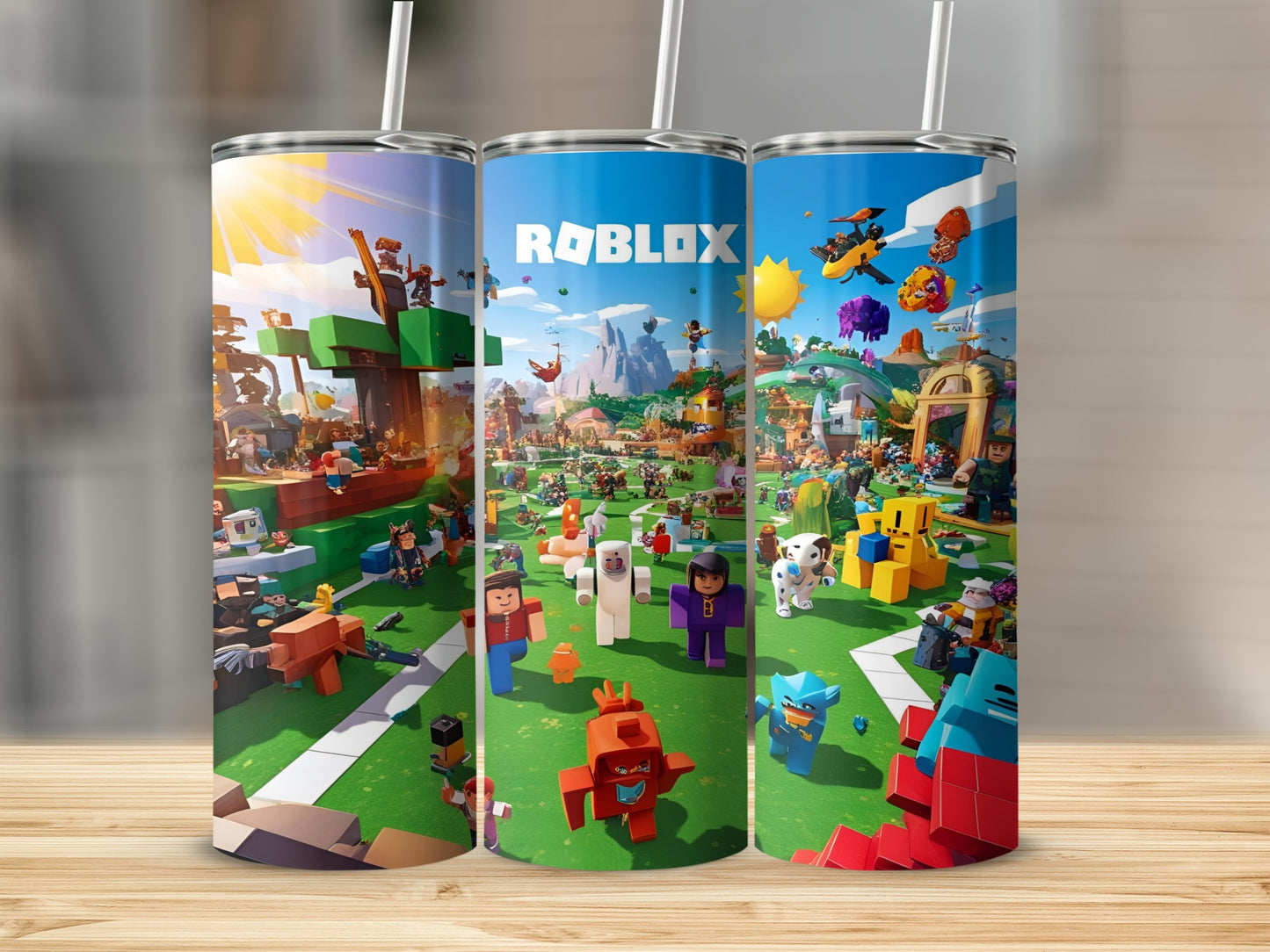 Roblox characters and game scenes on a colorful tumbler.
