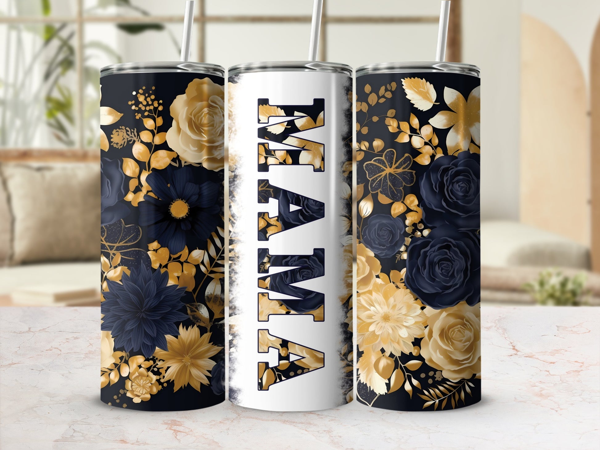Floral Mama tumbler with gold and navy blue flowers.
