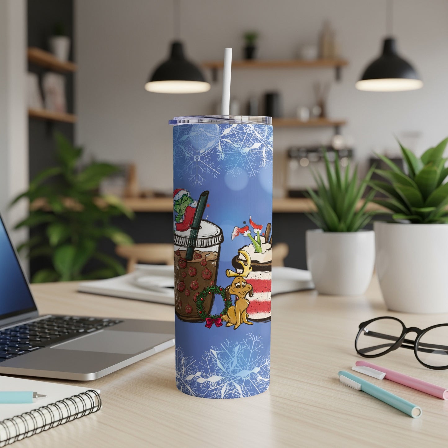 Christmas Grinch and dog themed tumbler with snowflake background.
