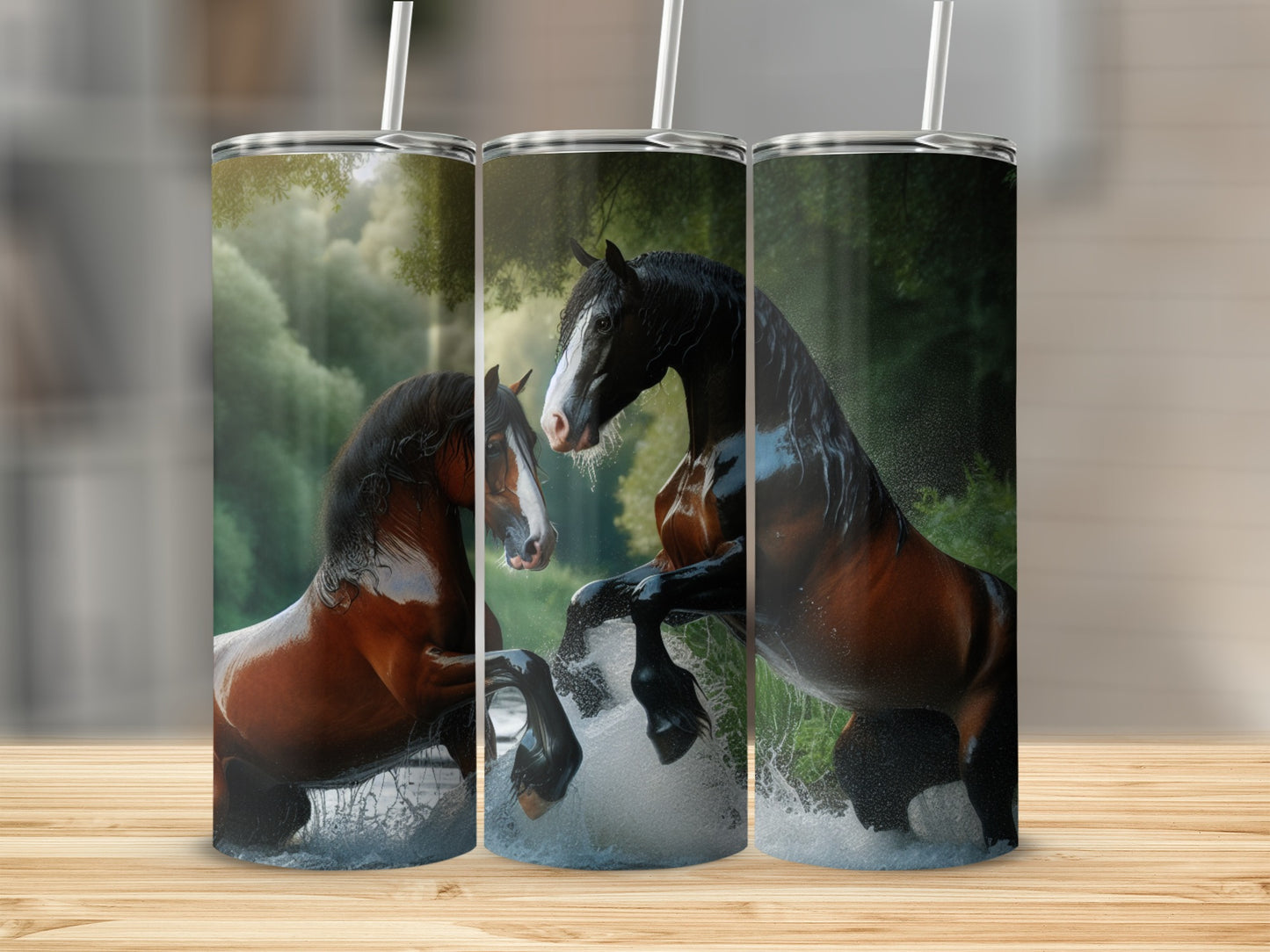Three tumblers with a rearing horse design, set against a forest and water background.