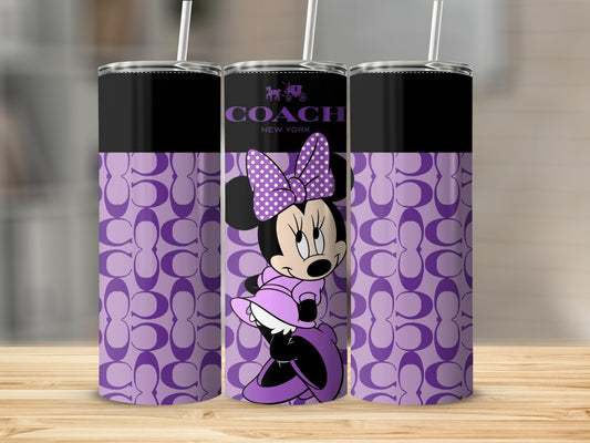Three tumblers with Minnie Mouse and the Coach logo on a purple C pattern.