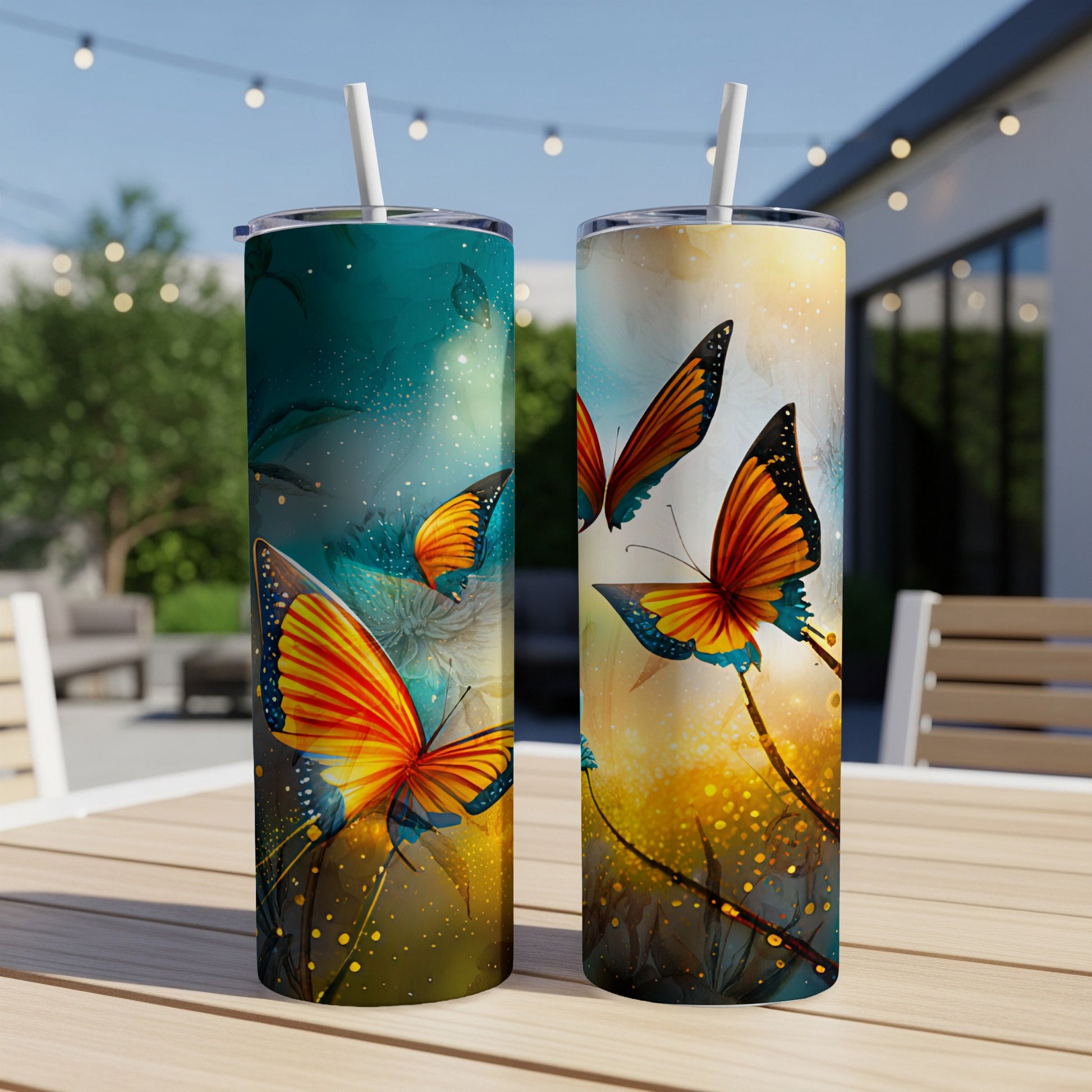 Two tumblers with colorful butterflies and floral designs on a patio table.