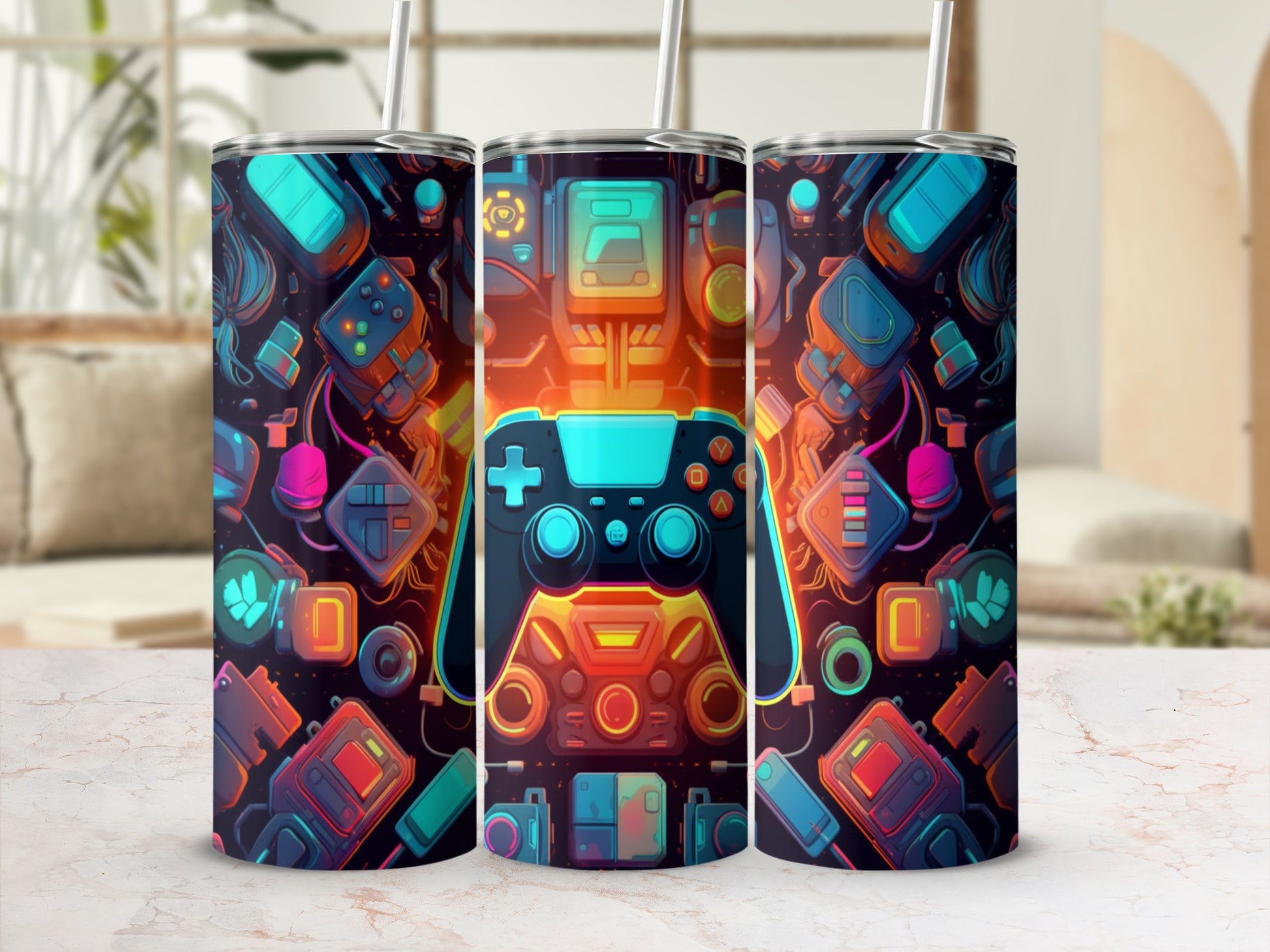 Three tumblers with a vibrant, retro gaming controller pattern.