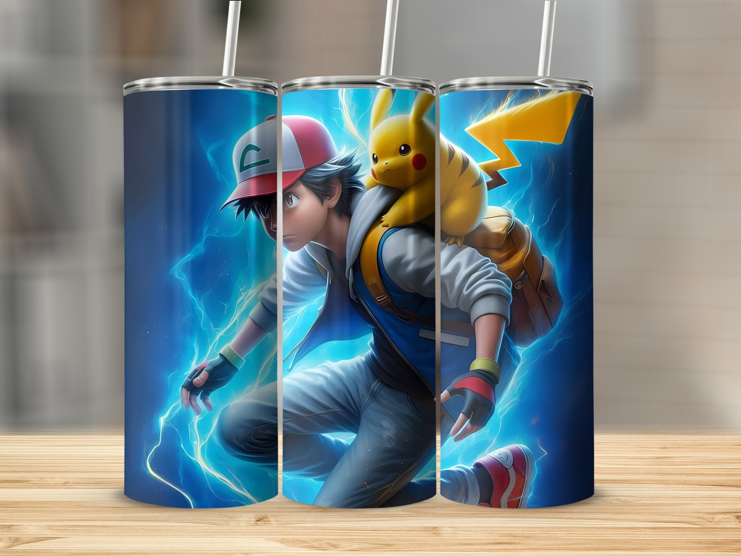 Ash and Pikachu Vibrant Blue Lightning Tumbler Design