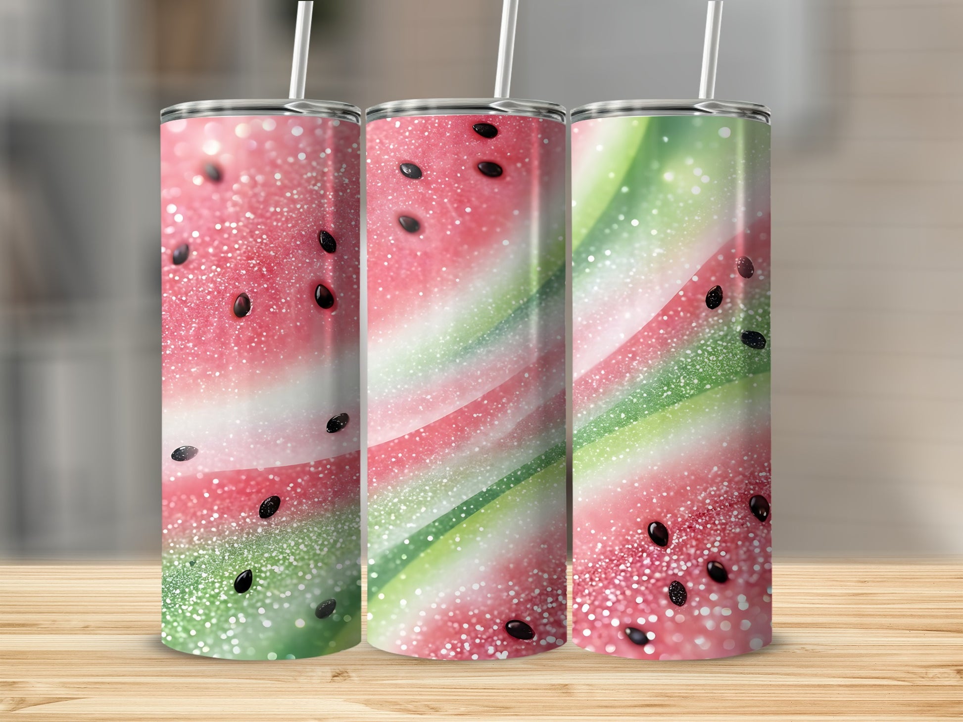 Three tumblers with a glittery watermelon design, two with pink to green gradient, one with pink.