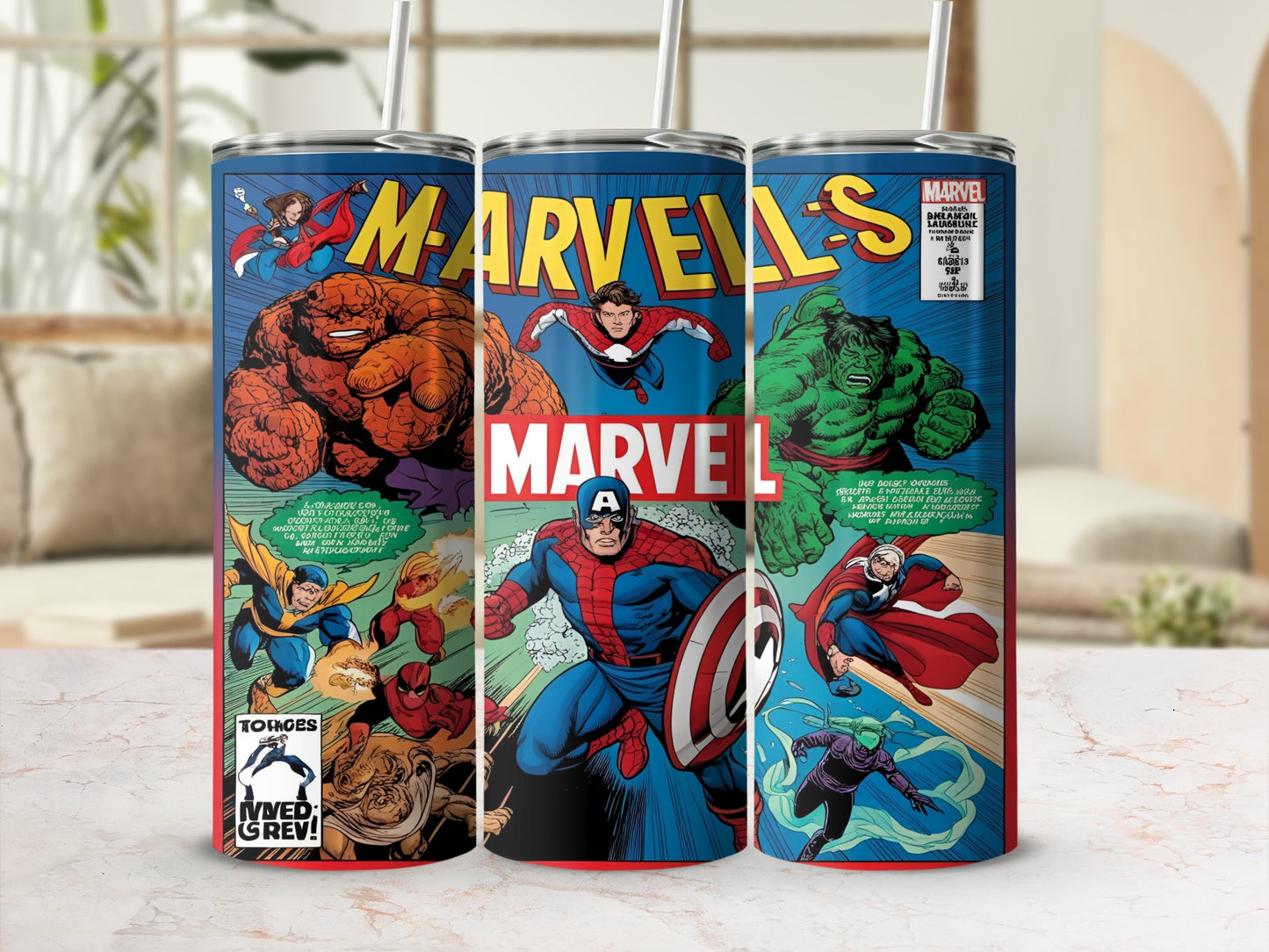 Marvels comic book cover art on a metal tumbler with superheroes.
