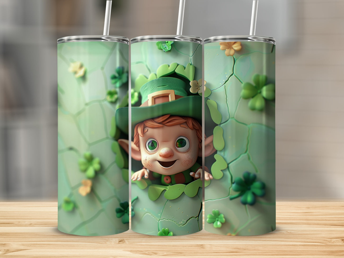 Leprechaun peeking through cracked green surface with shamrocks.
