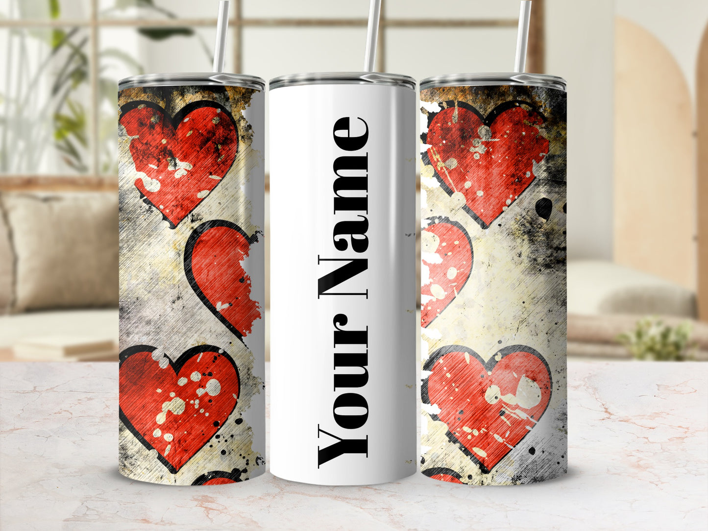 Personalized Tumbler with Grungy Hearts Design