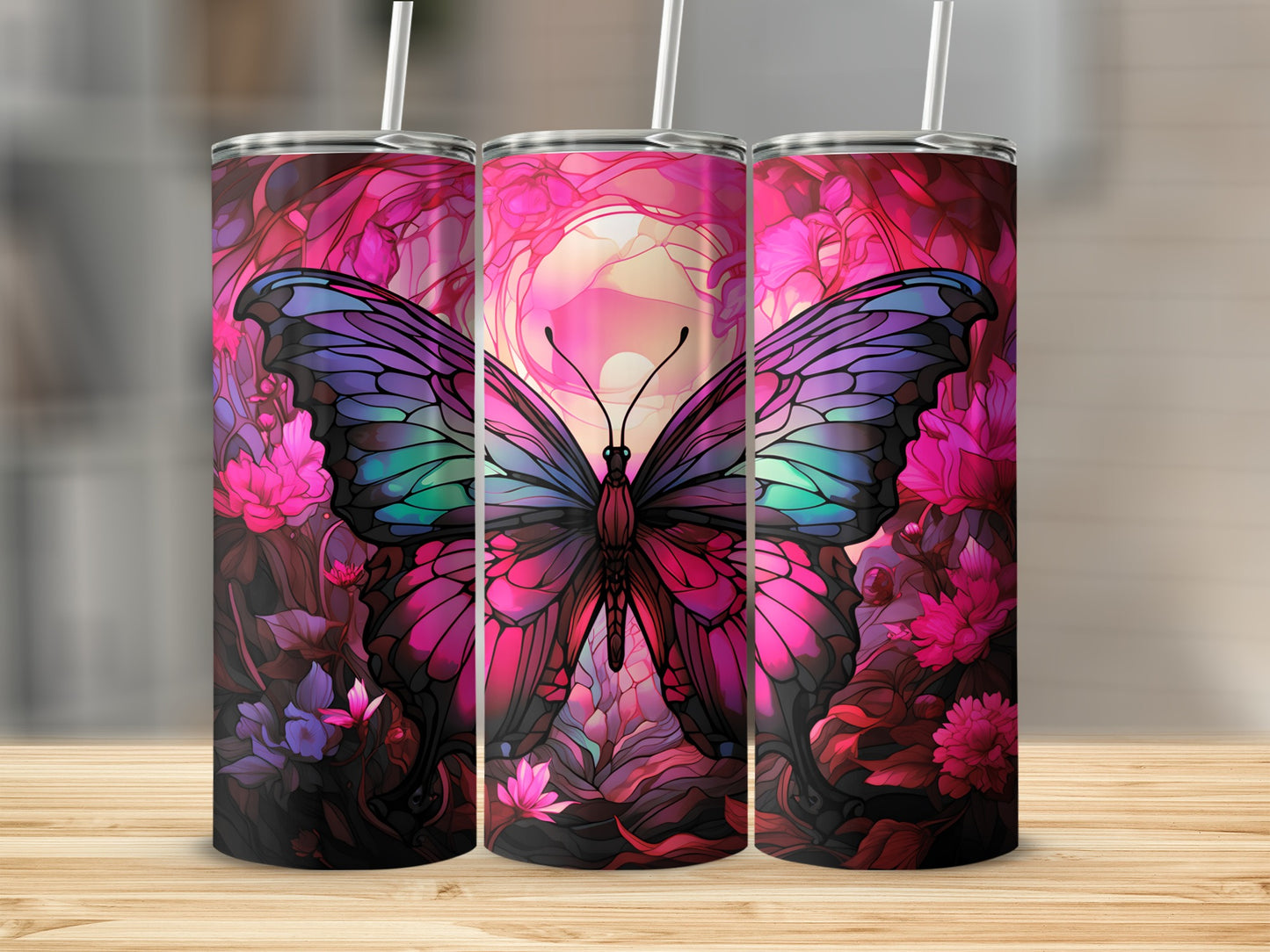 Colorful Butterfly and Floral Design Tumblers