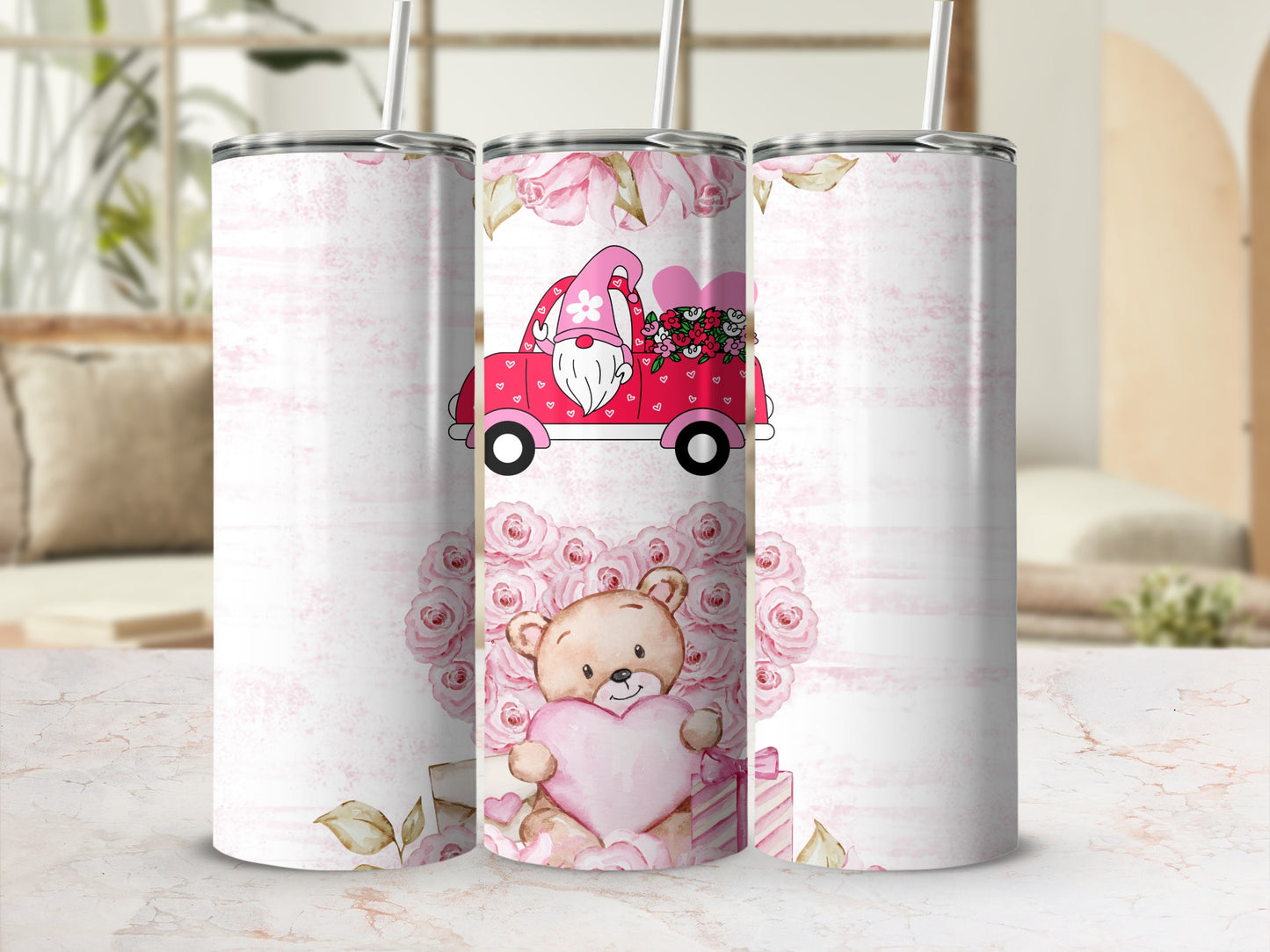 Cute Gnome and Teddy Bear Floral Travel Tumbler