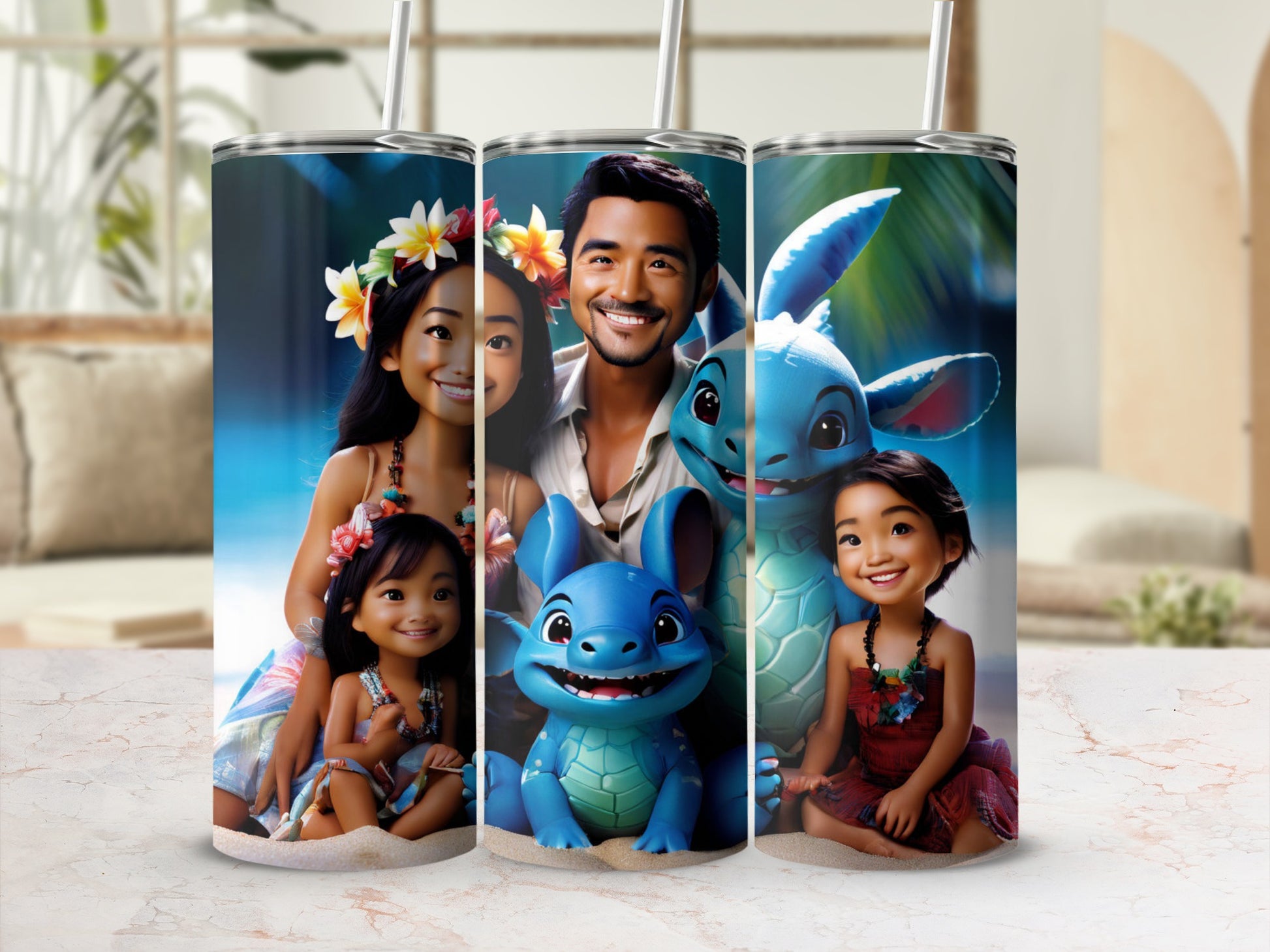 Disney family with Stitch on a tumbler.
