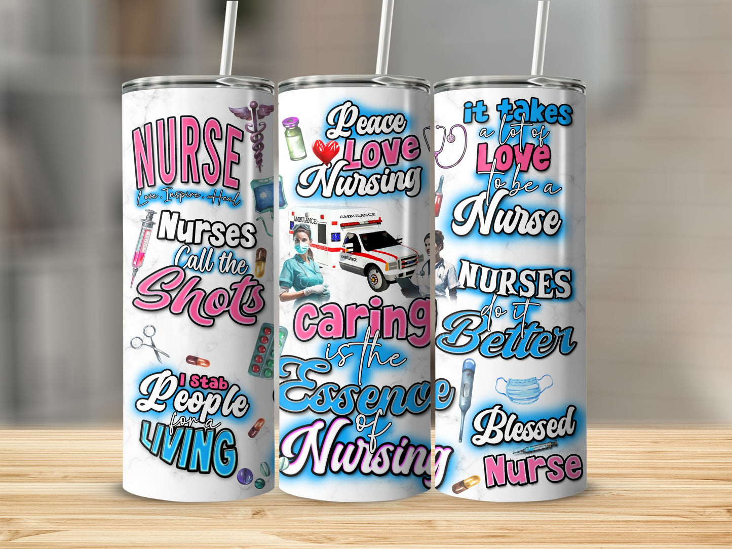 Tumbler with nurse-themed graphics and text.