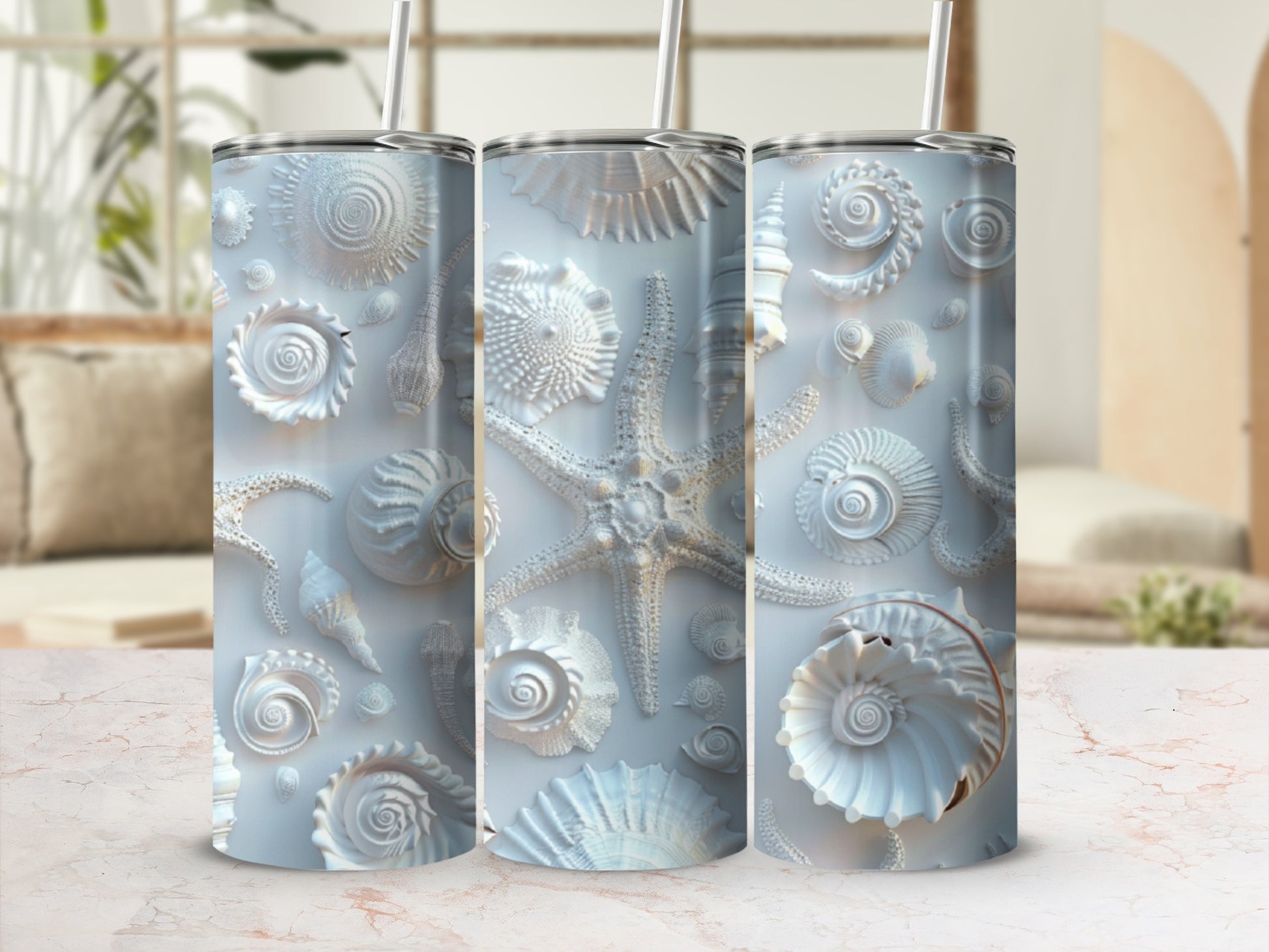 White tumbler with raised seashell and starfish pattern.