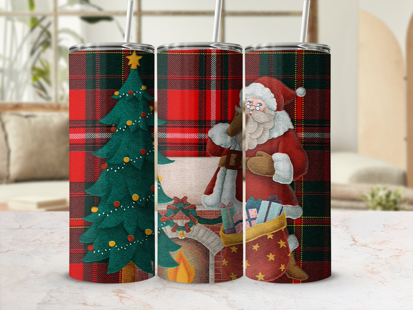 Santa Claus, Christmas tree, and presents on a plaid tumbler.