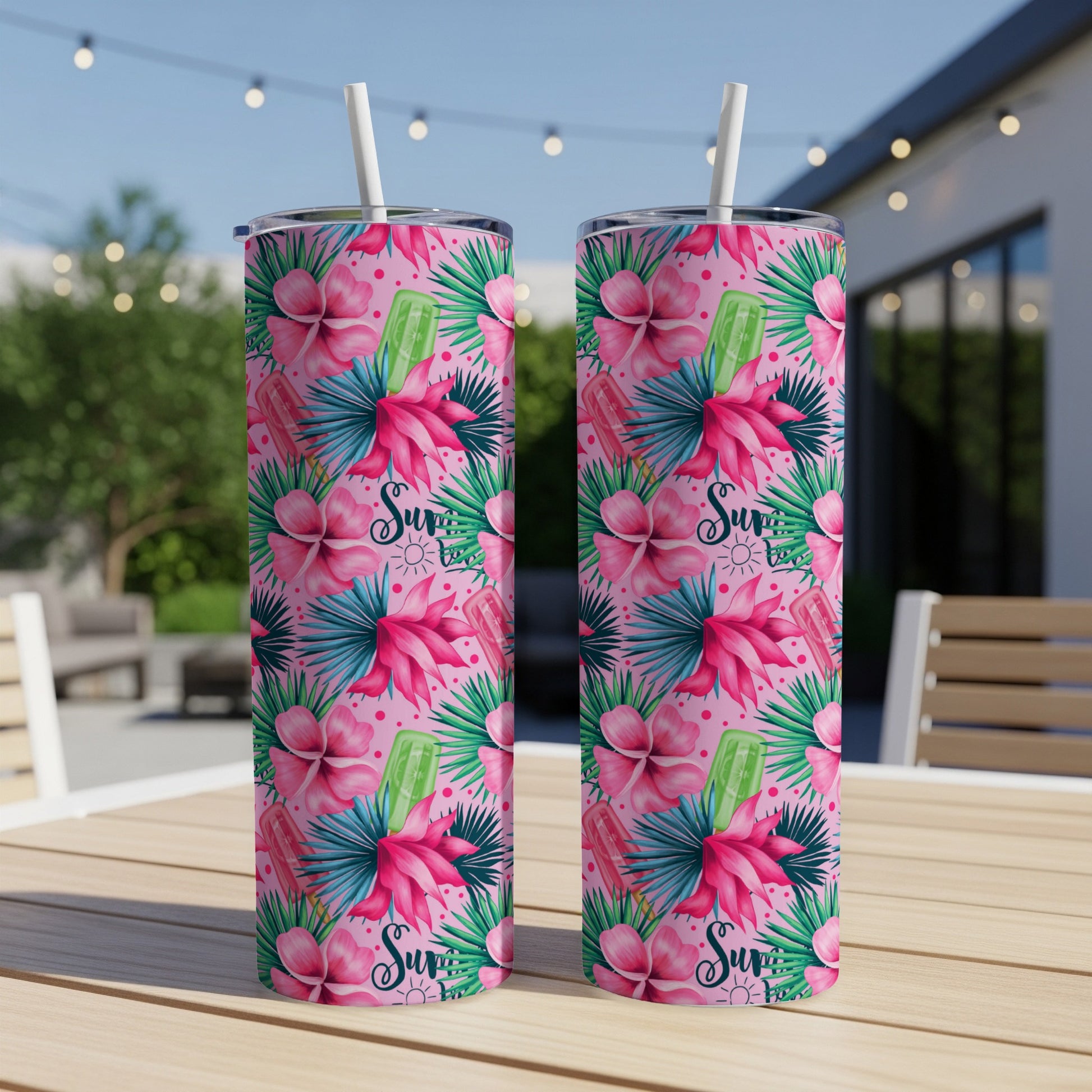 Two pink tumblers with tropical floral pattern and "Summer" text.