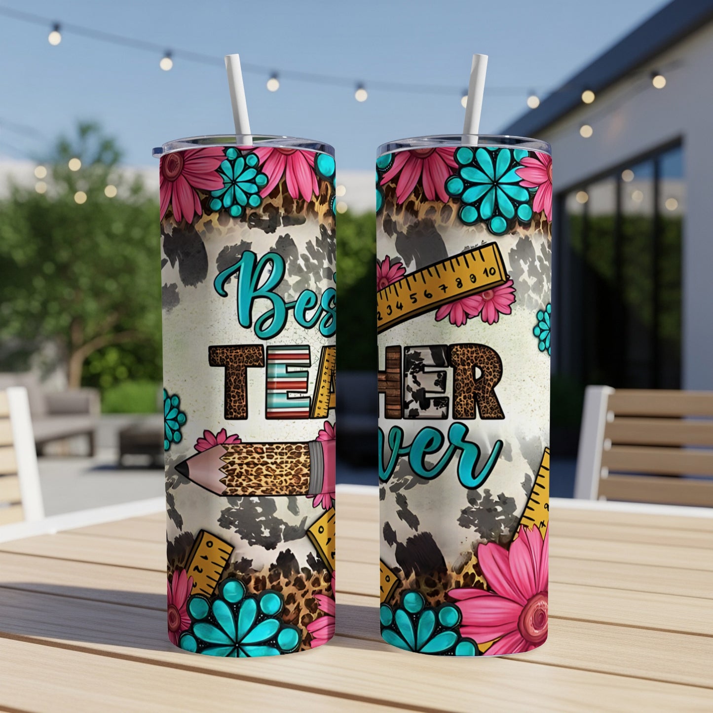 Teacher tumbler with leopard print, flowers, ruler, and pencil design.