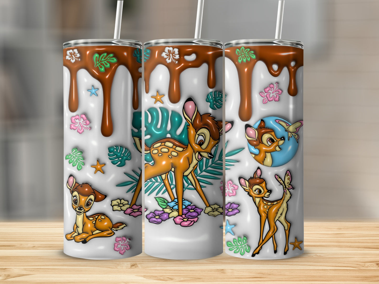 Three tumblers with Bambi and flowers design.