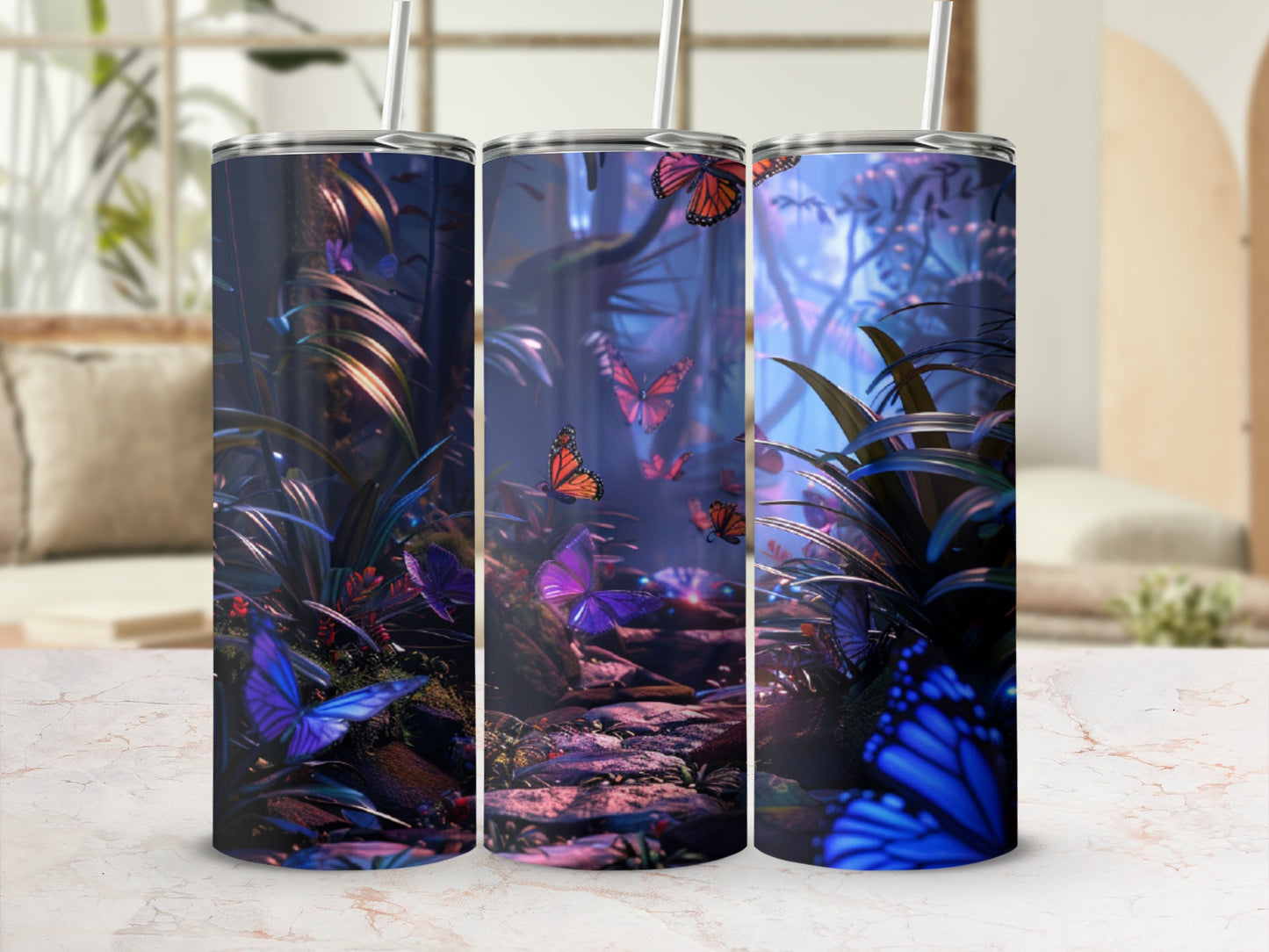 Three tumblers with a mystical forest scene and colorful butterflies.