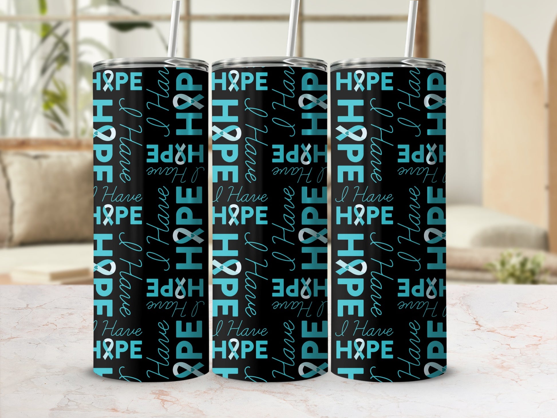 I Have Hope Teal Ribbon Pattern Stainless Steel Tumbler