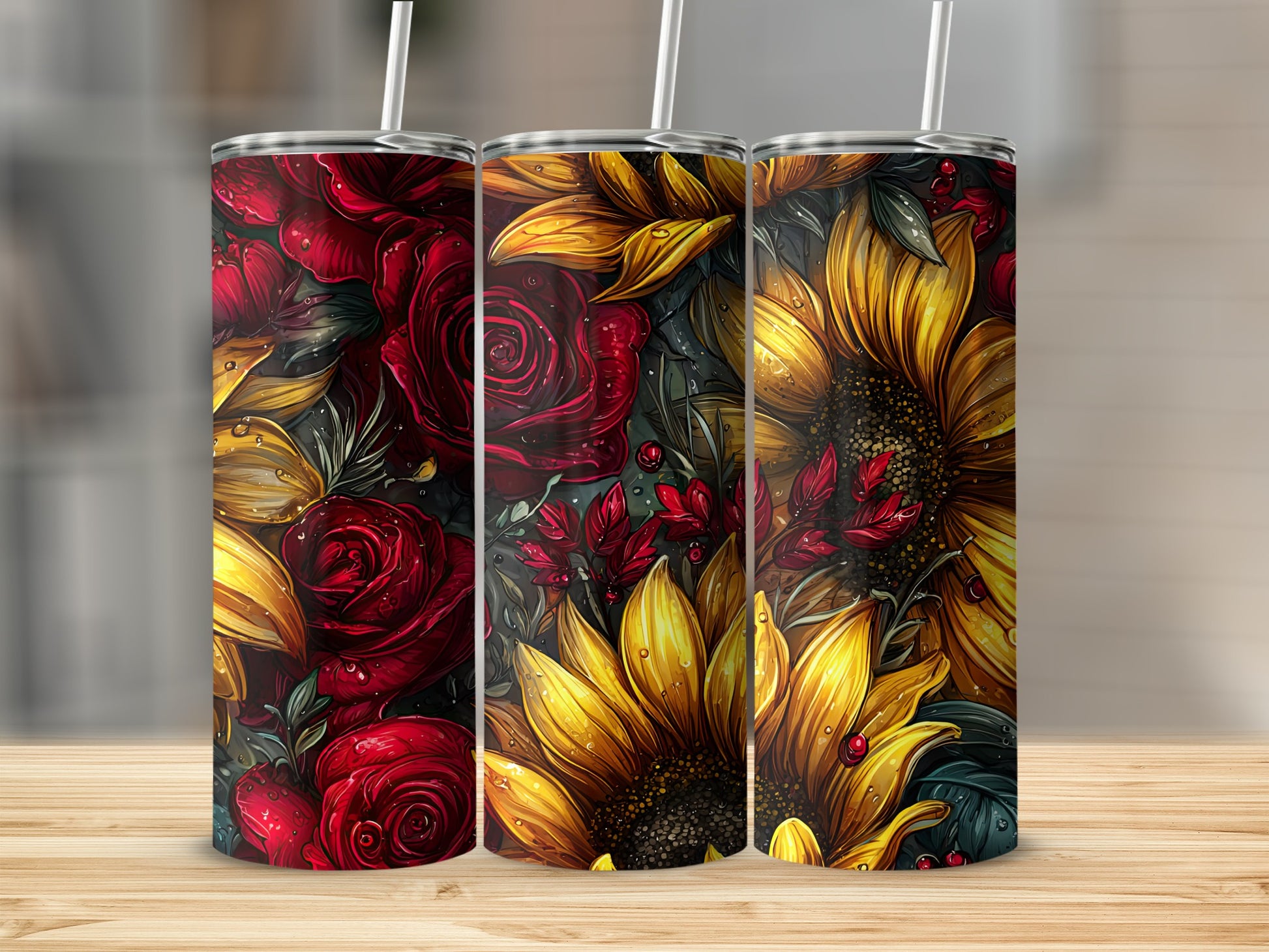 Vibrant Rose and Sunflower Floral Tumbler