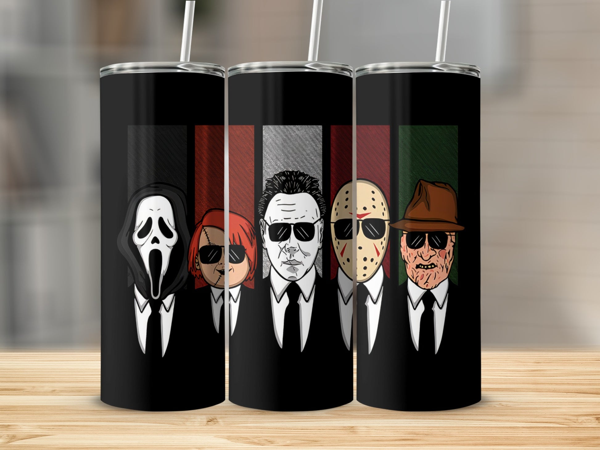 Horror movie characters in suits and ties on a black tumbler.
