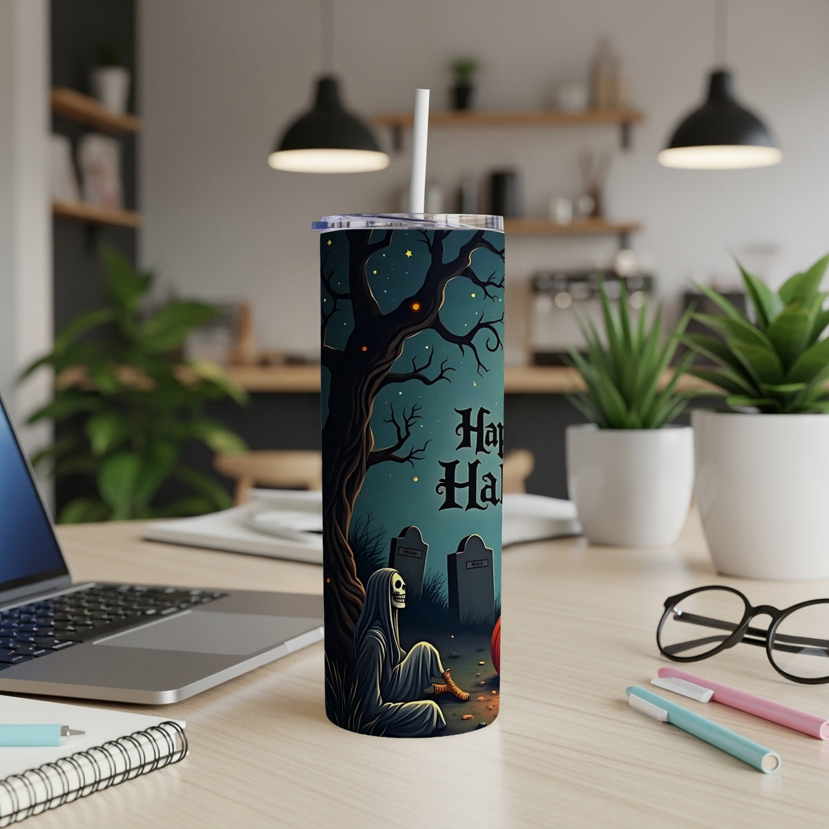 Halloween tumbler with grim reaper, tombstone, and pumpkin design.