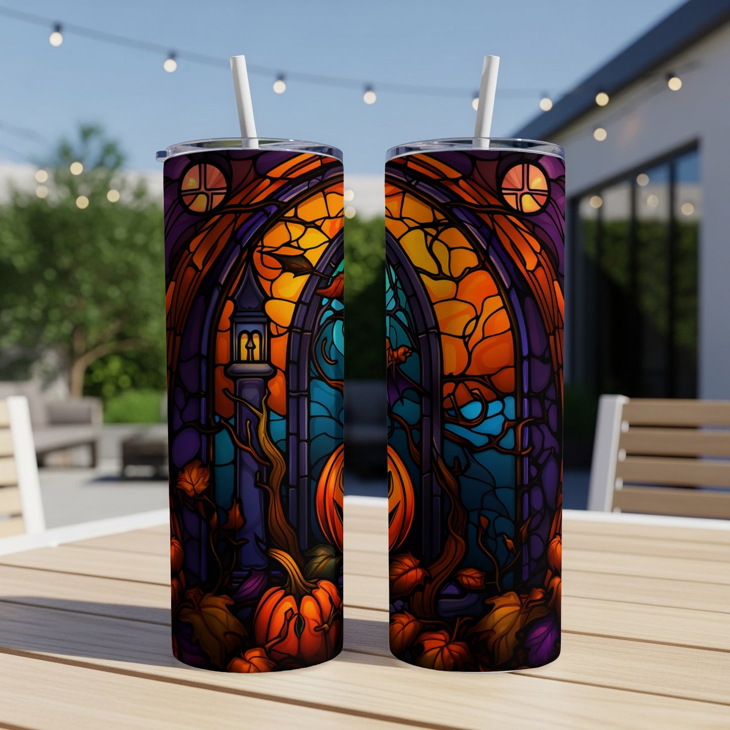 Two Halloween-themed tumblers with stained glass pumpkin and bat designs.