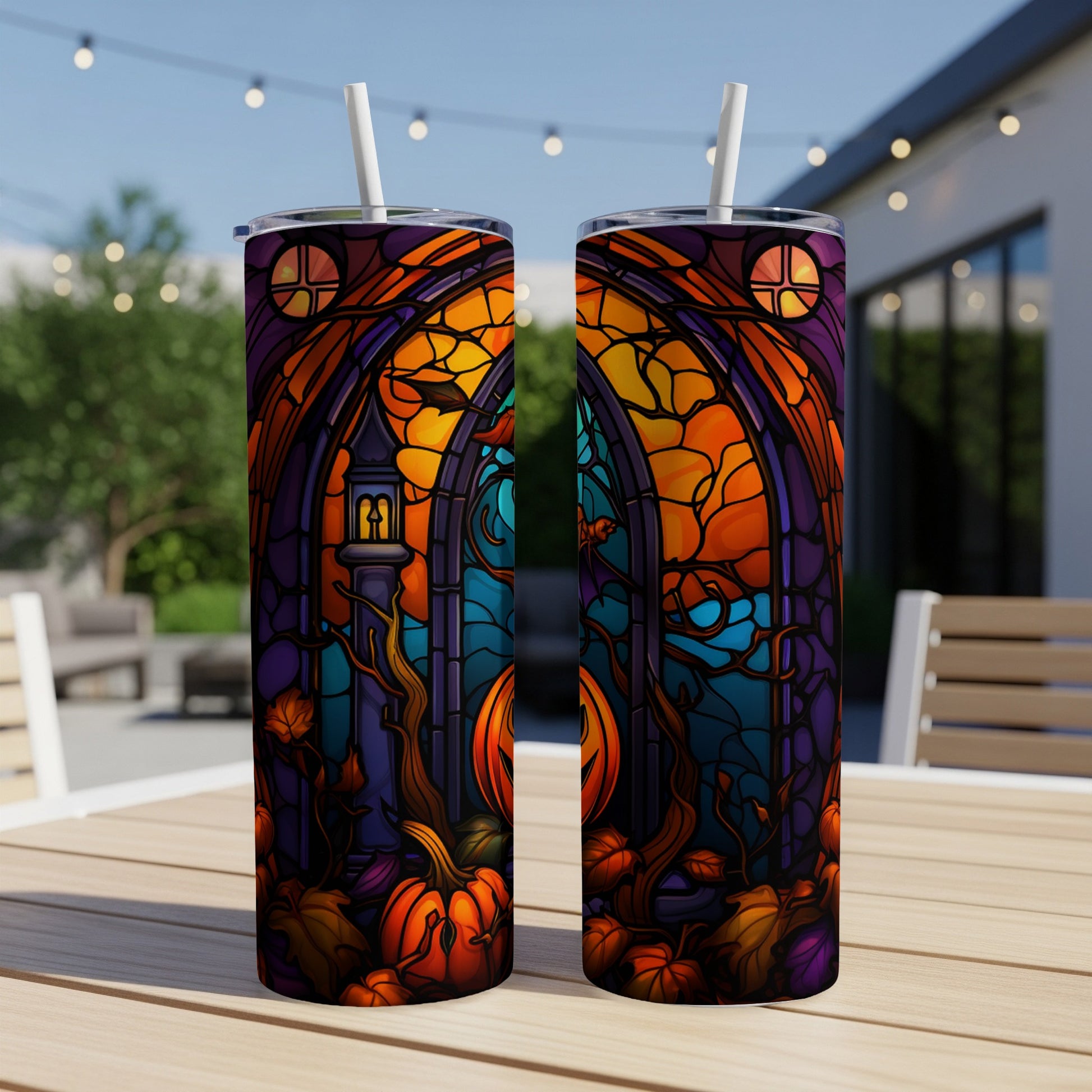 Two Halloween-themed tumblers with stained glass pumpkin and bat designs.